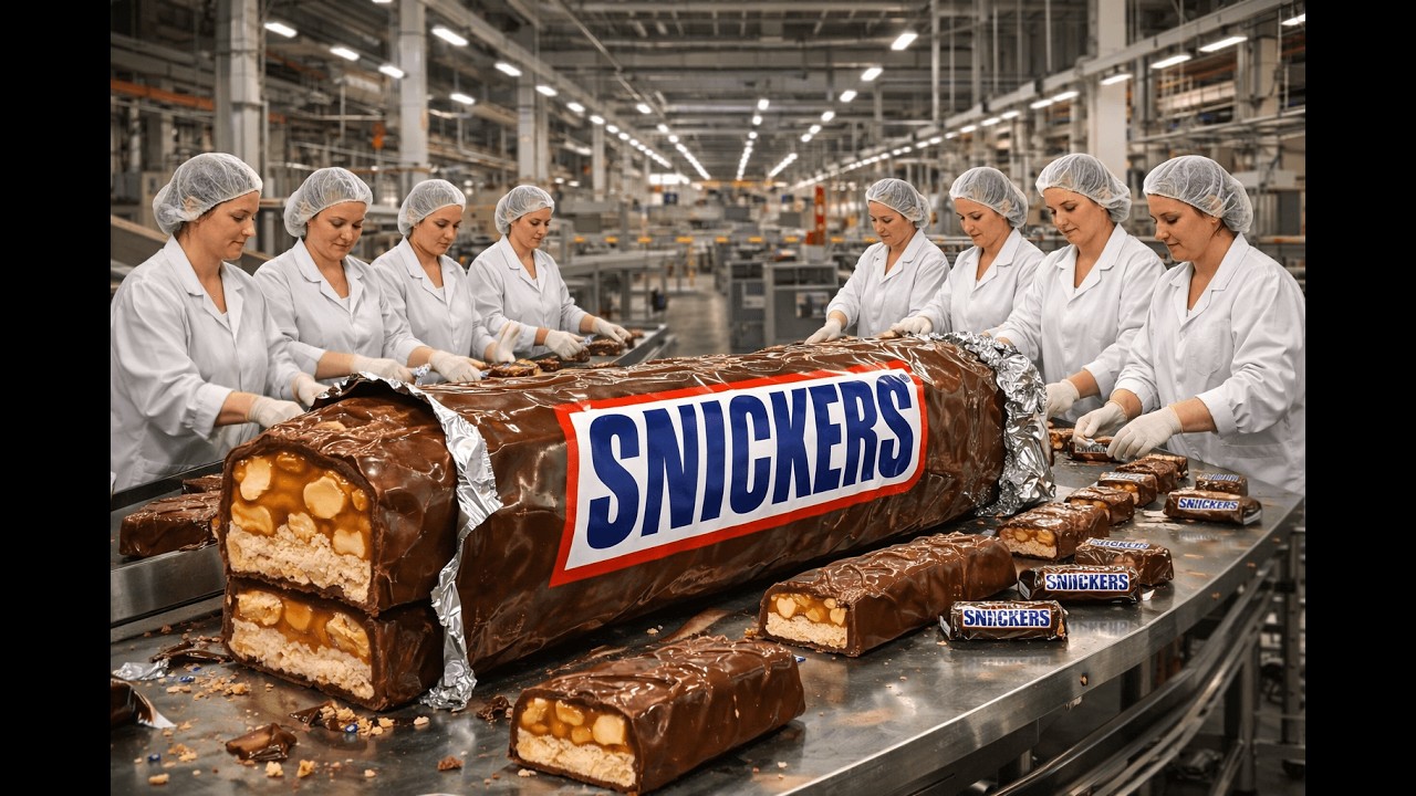 How It's Made: The process of producing Snickers candy in the factory.