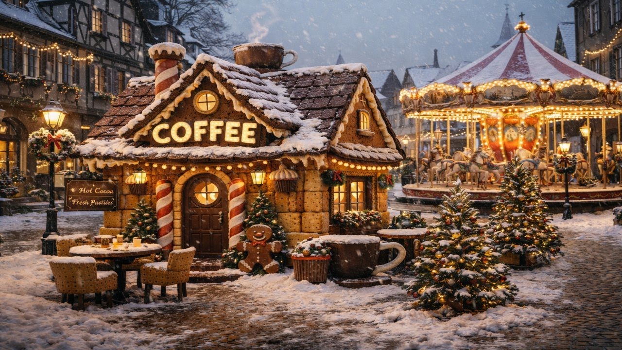 Cozy Gingerbread Town | Ambiance, Christmas Music, Snowfall | Reading, Relaxing, Sleeping| Ambiance