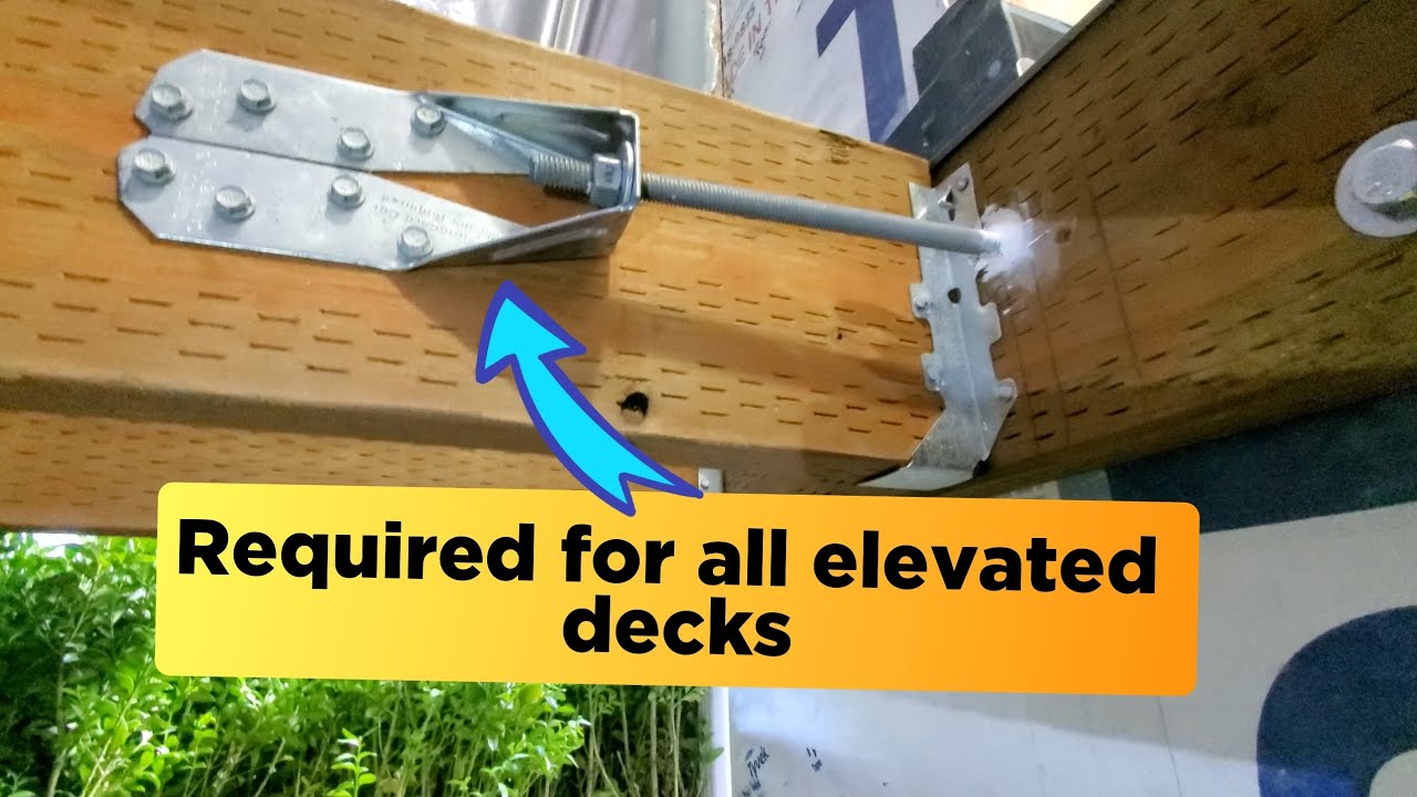Deck lateral support, deck tension ties,  install  DTT2Z , floor joist perpendicular to deck joist.
