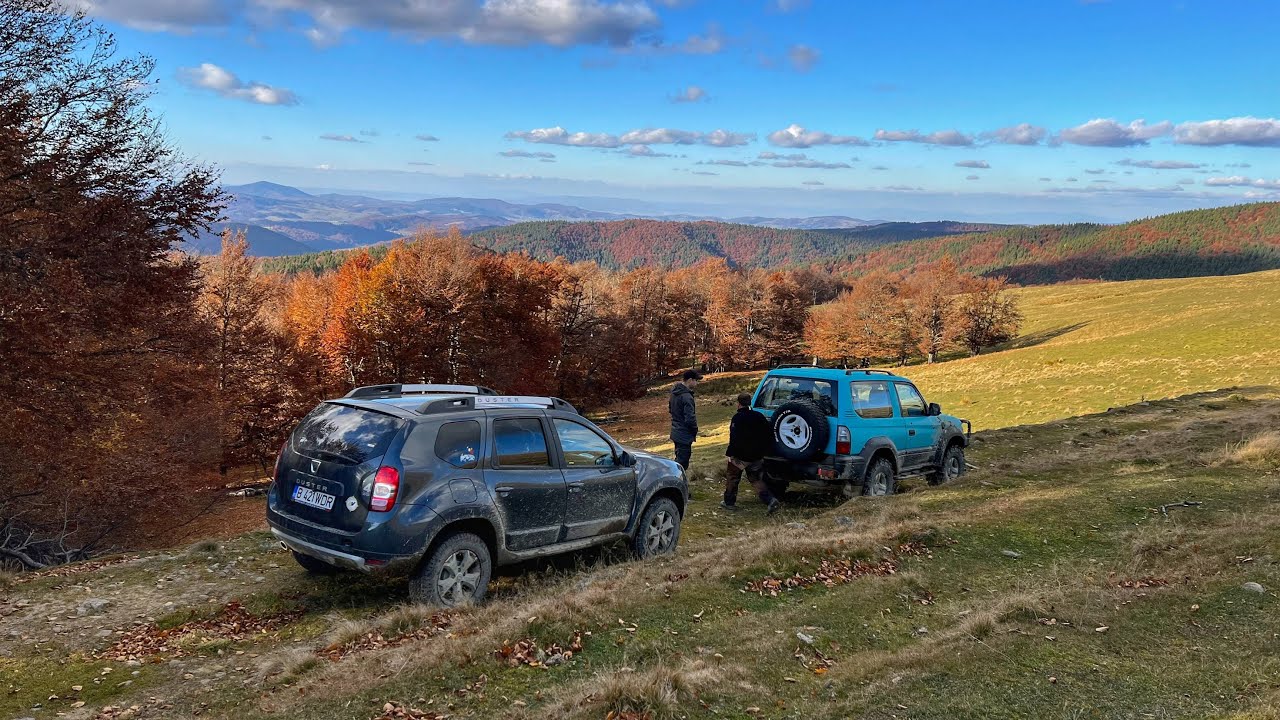 Land Cruiser vs Dacia Duster mud vs Patrol y61 offroad  drive in autumn scenery. Tabla Butii