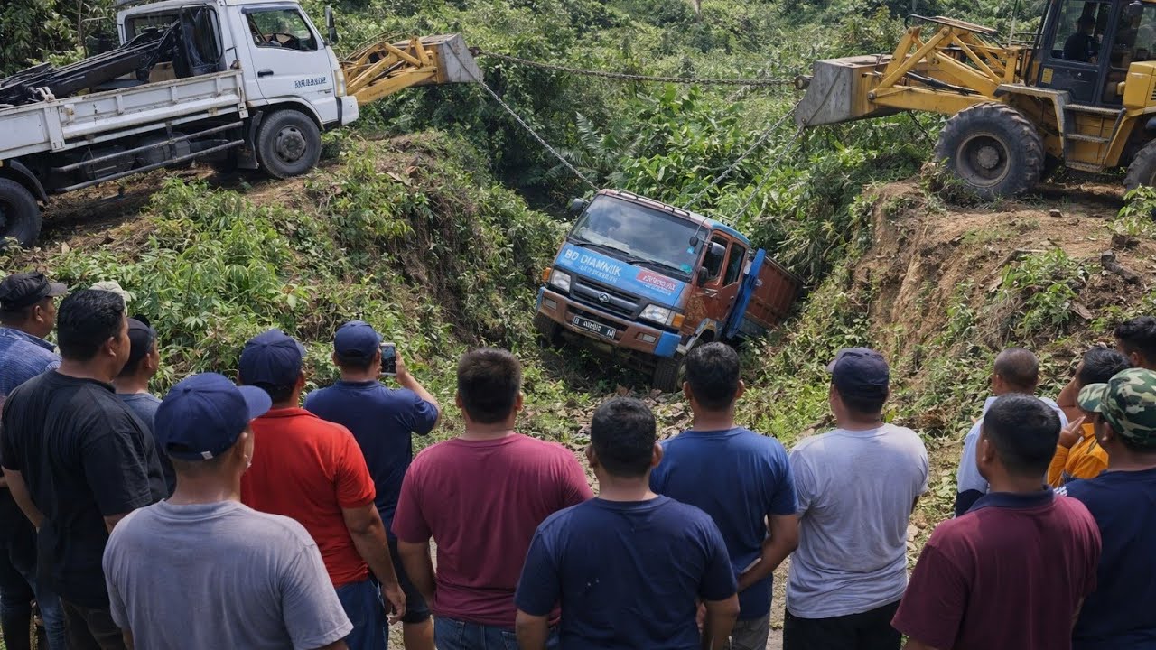 Evakuasi truk masuk Paret dan di bantu tarik menggunakan alat leader dan truck luar biasa