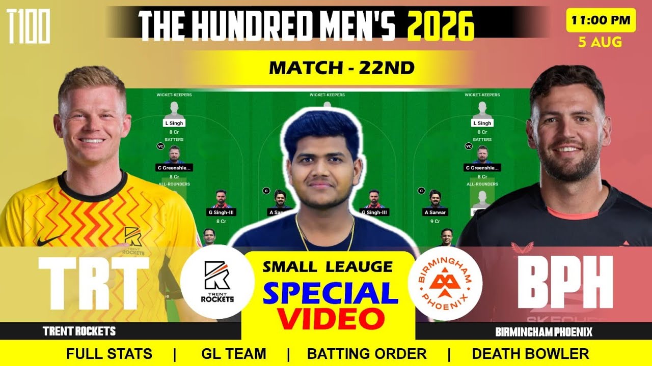 TRT vs BPH DREAM11 || TRT vs BPH DREAM11 Prediction || Trent Rockets vs Birmingham Phoenix 22ND T100