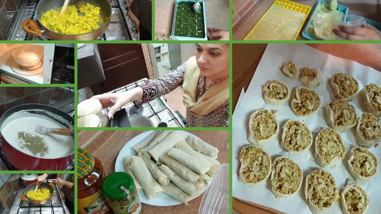Ramadan Food Preparation - Qeema Pinwheels, Almond drink, Samosa, rolls, ginger garlic mint cubes