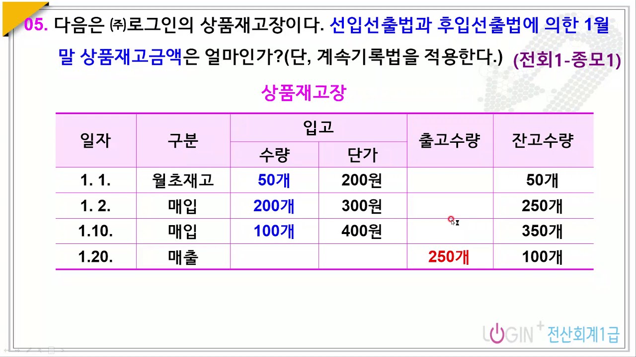 384.종합모의고사 1회-이론-05.기말상품재고액(선입,후입선출법)
