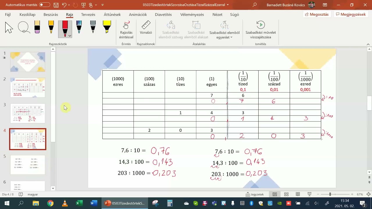 Tizedes törtek szorzása, osztása tízzel, százzal, ezerrel - matematika, 5. osztály
