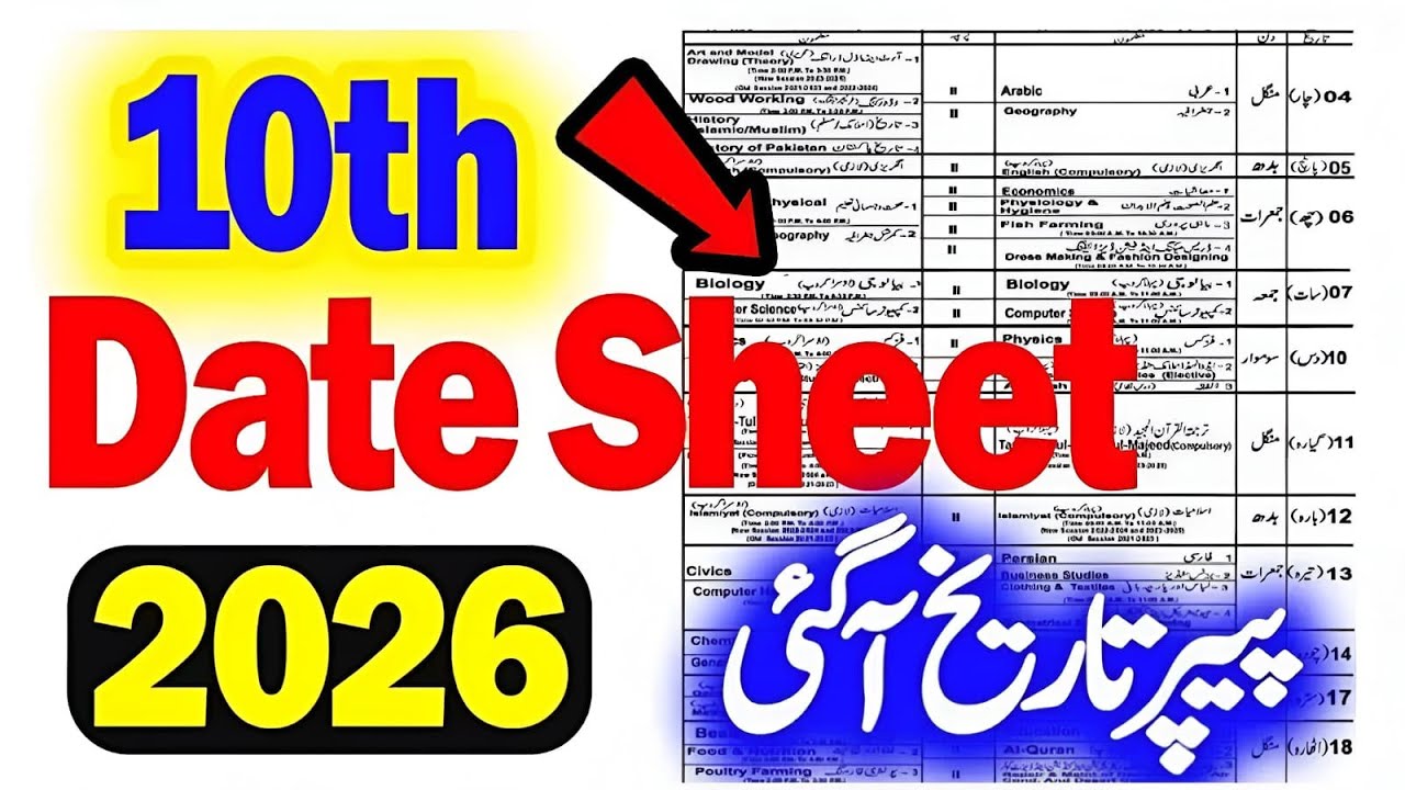 10th Class Date Sheet Board Exam 2026