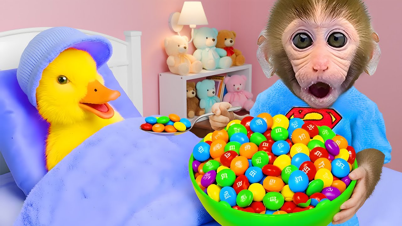 Macaquinho Bon Bon cuida do patinho fofo e faz doces arco-íris para presentear o elefantinho
