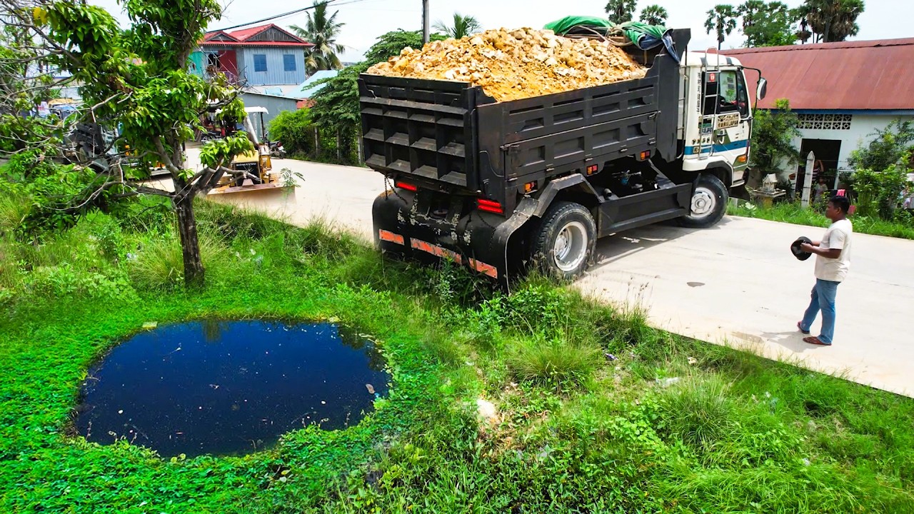 First Opening​ Perfectly Project!! Landfill Delete Flooded Area By Komat'su Dozer Pushing Rock Soil