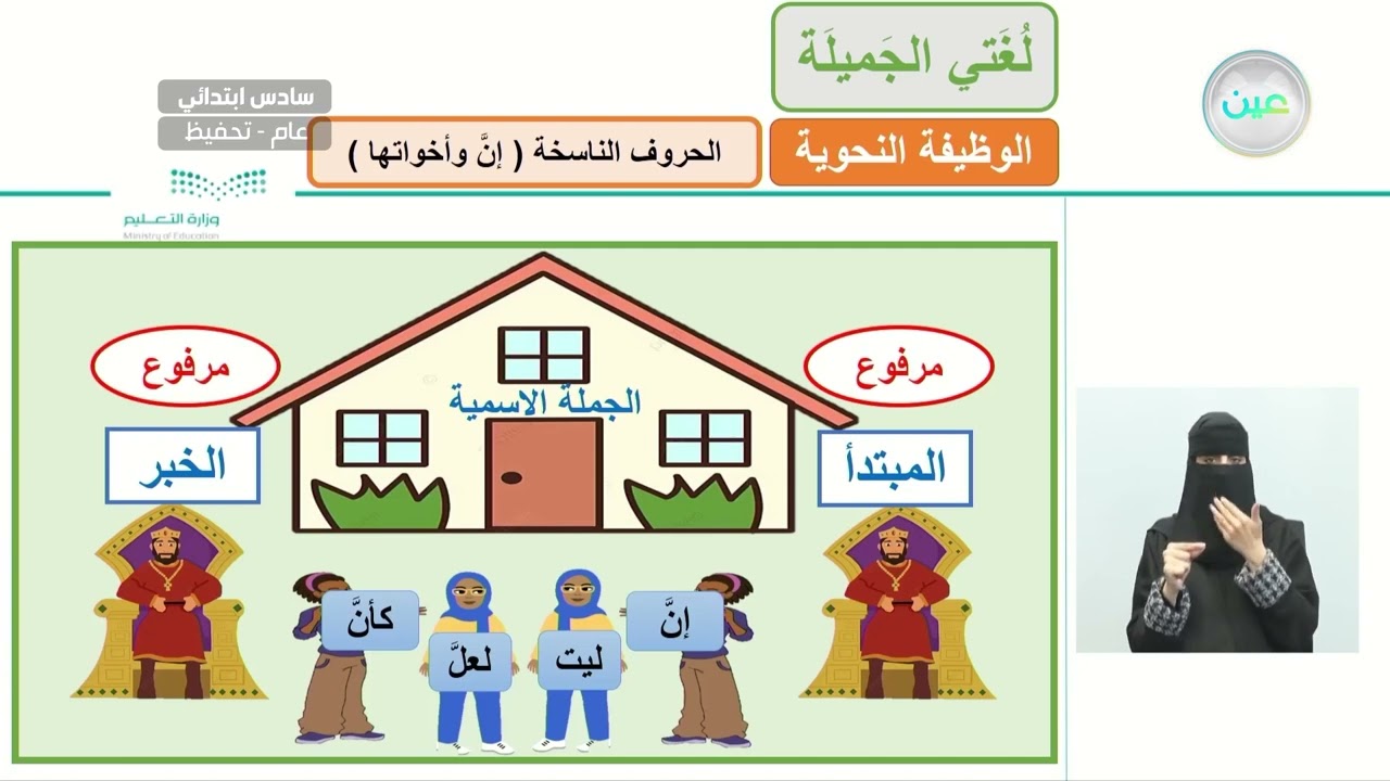 الوظيفة النحوية ( الحروف الناسخة - إن وأخواتها ) 1 - لغتي الجميلة - سادس ابتدائي