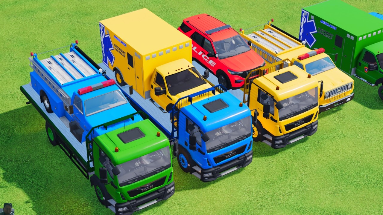 TRANSPORTING POLICE CARS, AMBULANCE, FIRE TRUCK, COLORFUL CARS WITH TRUCK GAME FARMING SIMULATOR 22