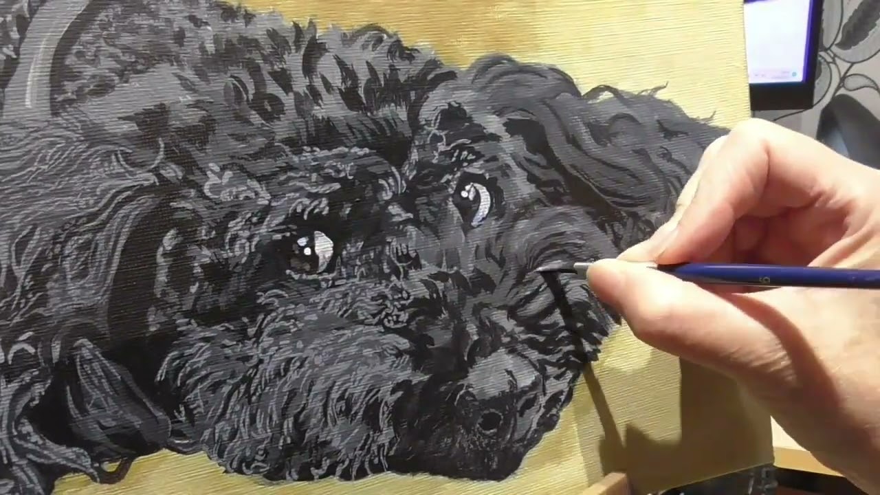 Alfie the black poodle painted in acrylics by Christine Evans McHugh