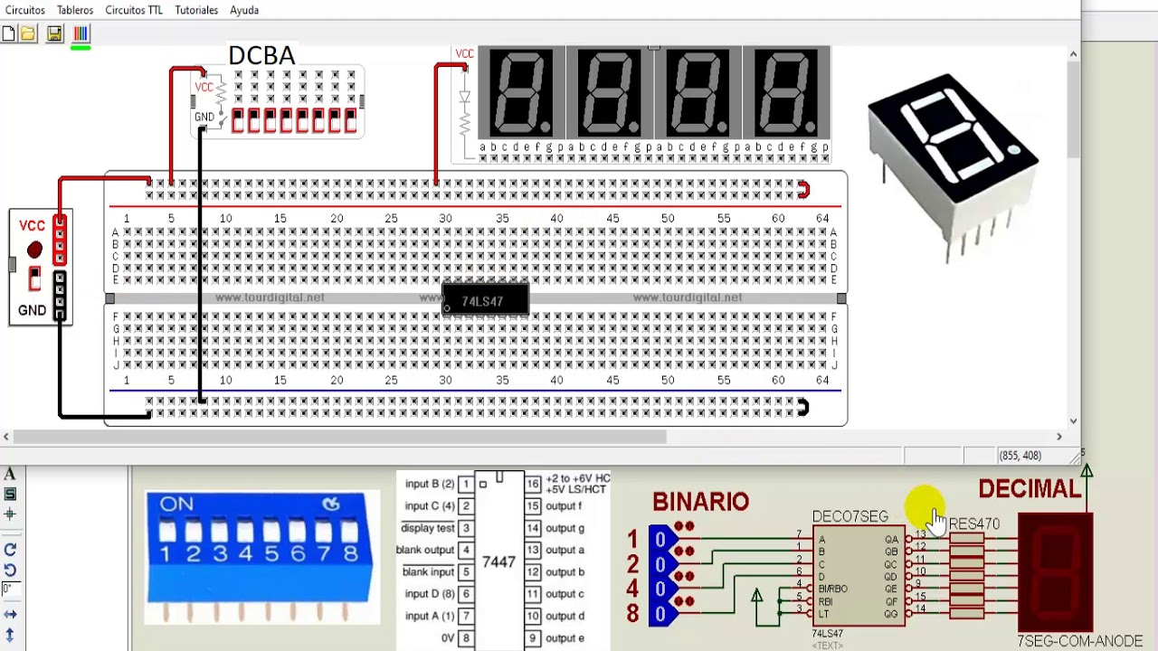 Conversor Binario/Decimal de 0 a 9 con 7447 & Display en Proteus & ProtoboardVirtual [sistelbo.bcd1]