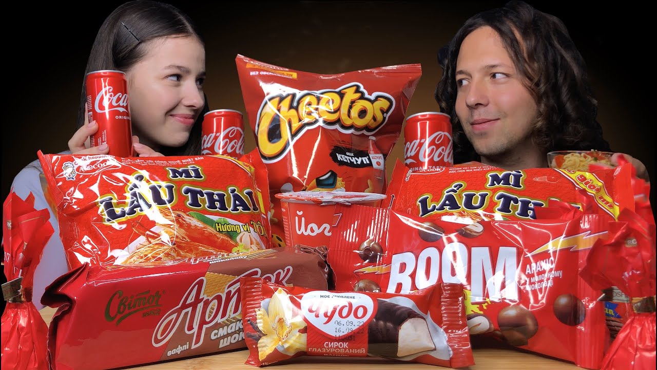ASMR RED FOOD! SPICY NOODLES, BOOM, CHOCOLATE CANDY MUKBANG EATING SOUNDS