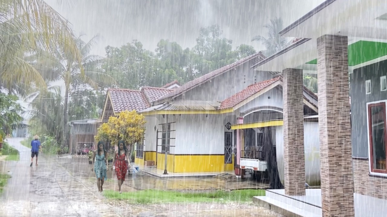Heavy Rain in the Red Soil Village and Thunderstorm sounds for Sleep