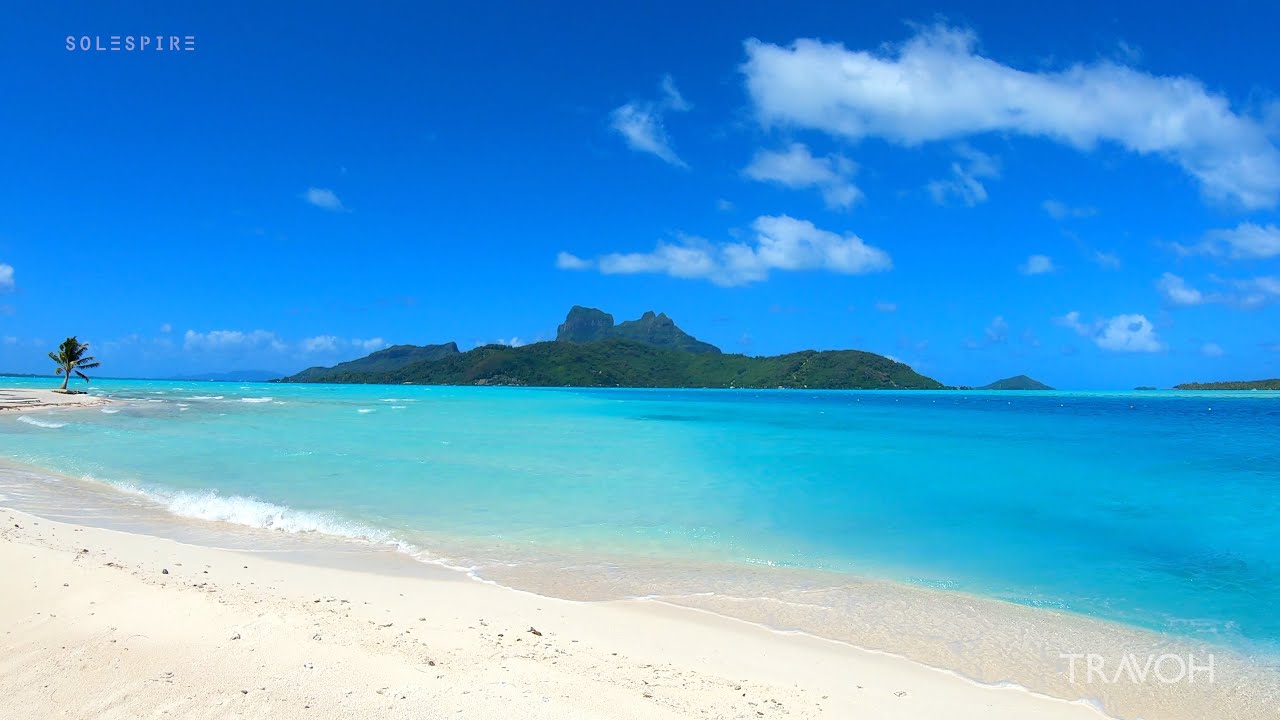 Beach Walk | Calm Tropical Sea Sounds | Motu Tane Island, Bora Bora, French Polynesia 🇵🇫 | 4K Travel