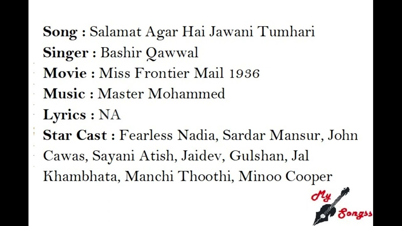 Salamat Agar Hai Jawani Tumhari, Movie : Miss Frontier Mail 1936