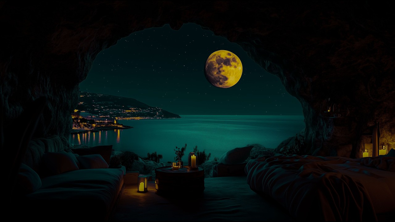 No Ads • Ocean Waves Inside a Moonlit Sea Cave 🌙 Healing Piano for Deep Sleep | 1 Hour