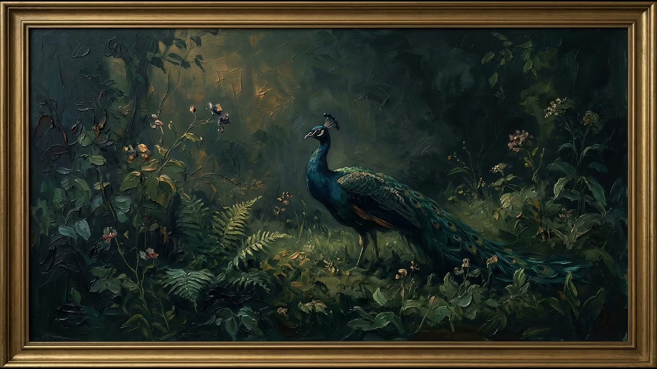 Vintage Peacock Painting | Antique Gold Frame TV Art | Moody Garden Screensaver | 1 Scene - 2 Hrs
