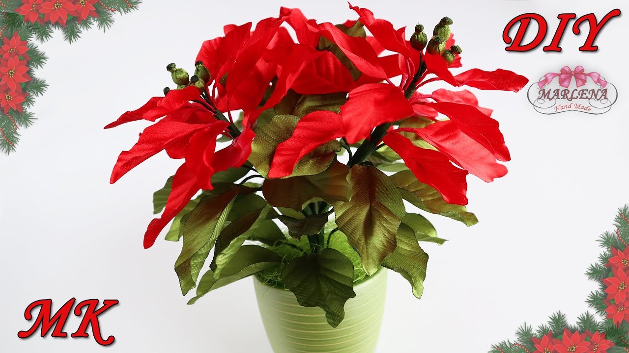 Пуансеттия Рождественская звезда из лент. Интерьерные цветы своими руками МК/DIY