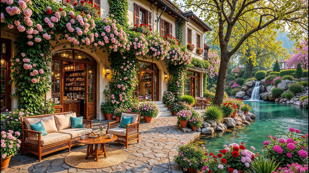 Hidden Garden Riverside Café Shop Jazz🌿🌸 Soft Coffee Shop Ambience To Relaxing, Studying And Working