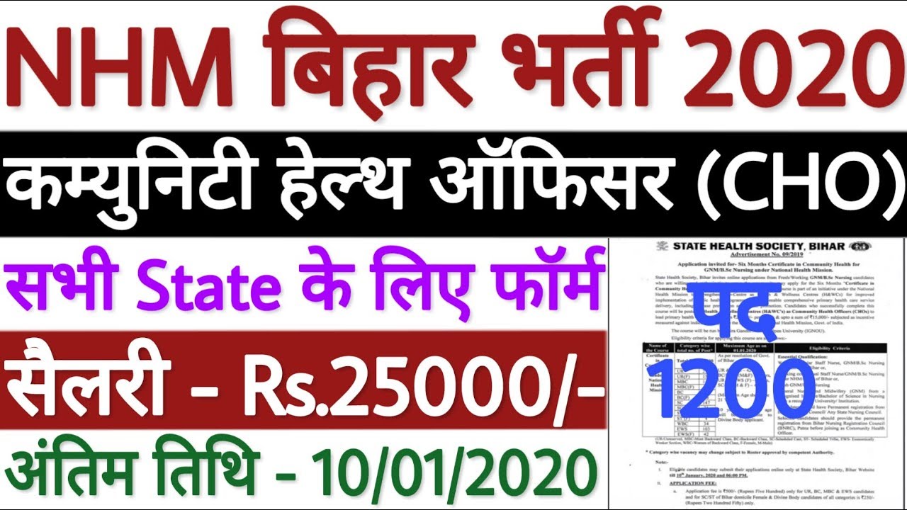 NHM Bihar CHO Recruitment 2020 | State Health Society Bihar Vacancy 2020 | All India Jobs | 1200 पद