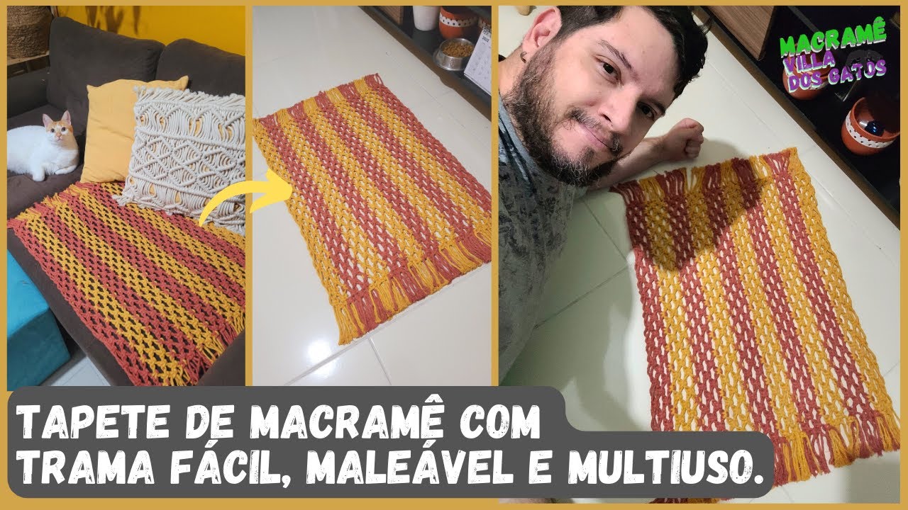 Tapete de macram&ecirc; passo a passo - Macram&ecirc; f&aacute;cil - Trama f&aacute;cil de fazer e multiuso - manta p/ sof&aacute;