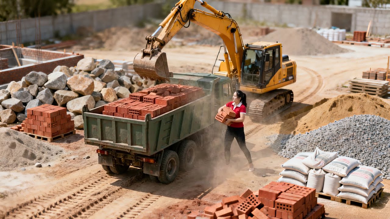 Use Truck to Transport 5000 Red Bricks and 10 Tons of Sand Over Muddy Roads to Ly Phuc Vy’s House