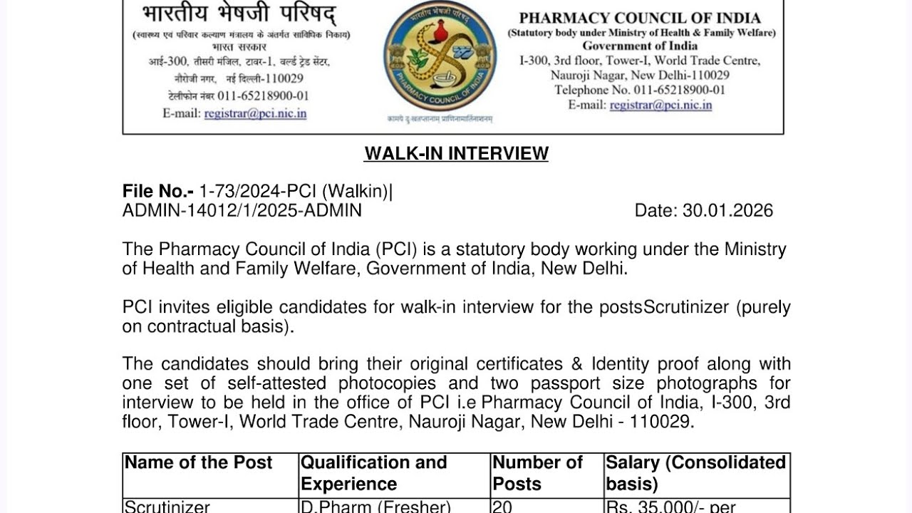 Scrutinizer walk in interview in pharmacy council of India 