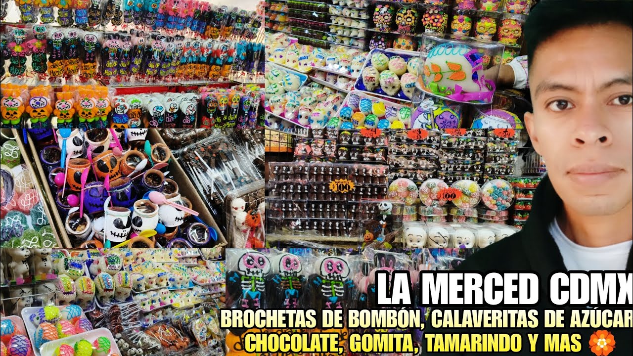 CALAVERITAS DE CHOCOLATE, BROCHETAS DE BOMBÓN, PALETAS Y MAS PARA DIA DE MUERTOS EN LA MERCED CDMX 
