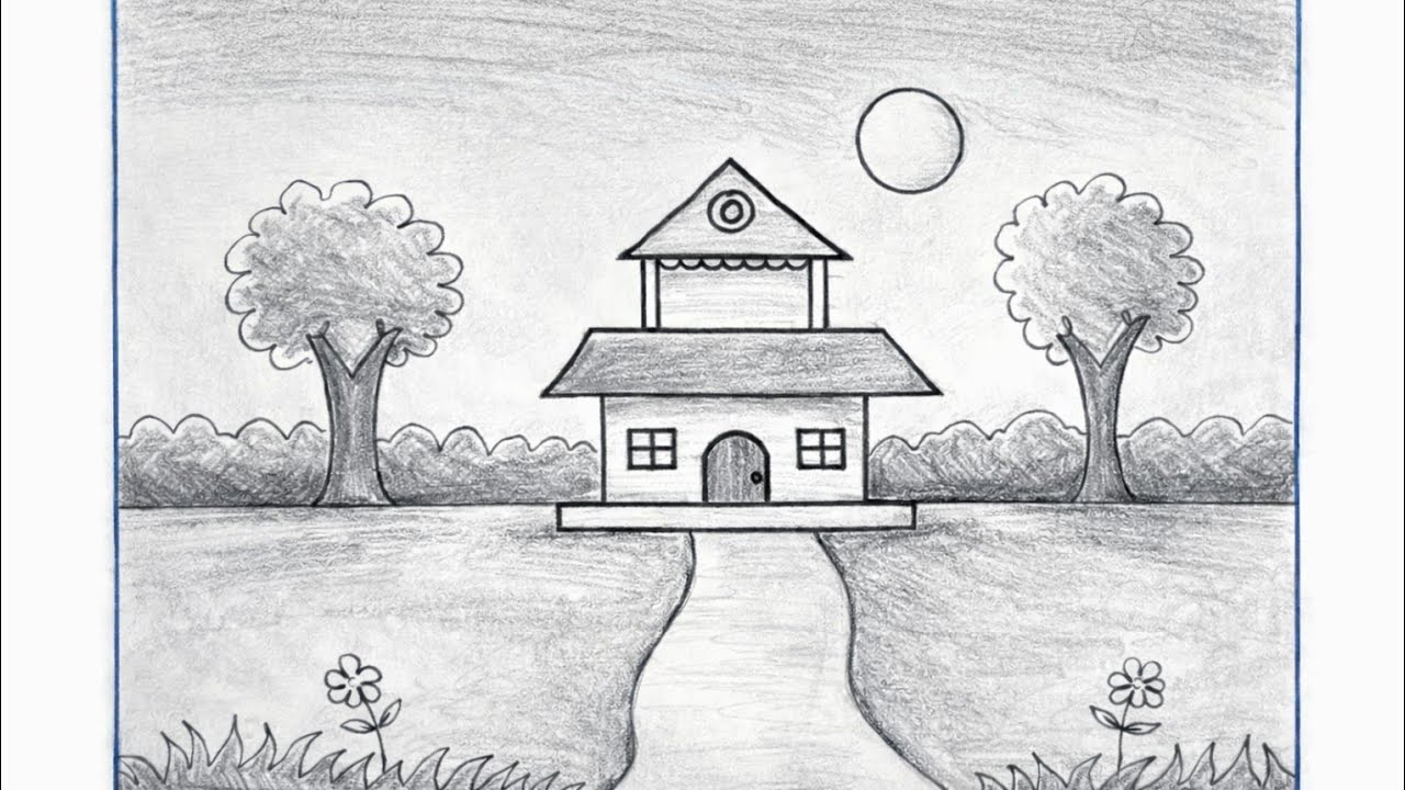 Simple House Scenery Drawing for Beginners| step by step|
