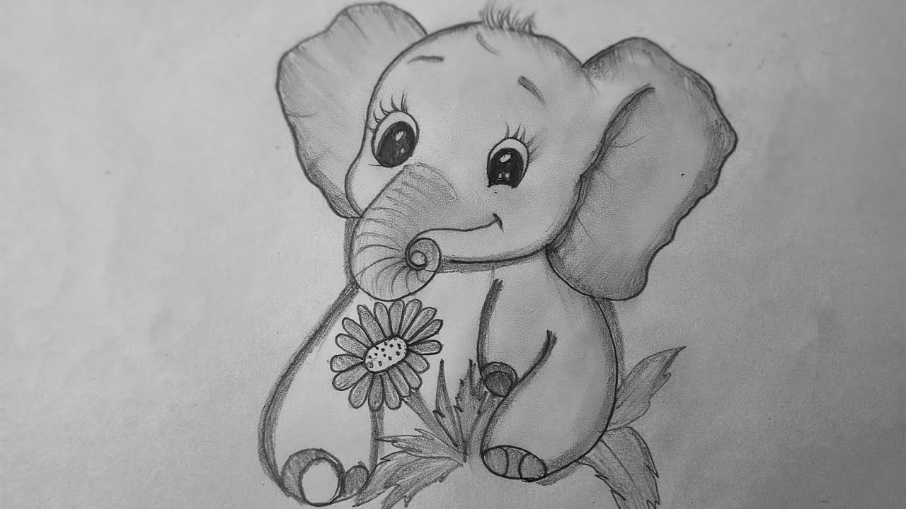 Cute Elephant Baby With Flower Bunch Free Hand Drawing || How to draw Baby Elephant || Pencil Sketch