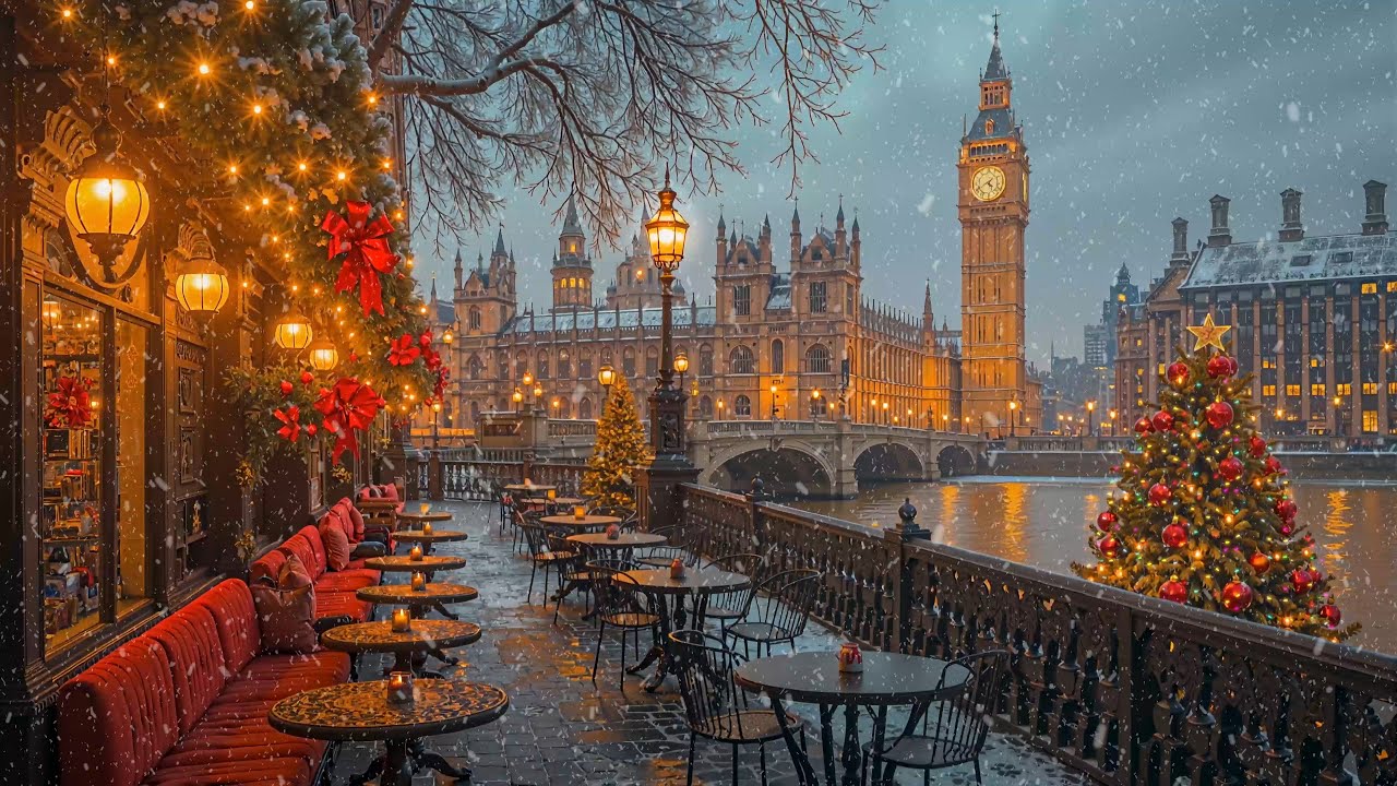 London Christmas Café Ambience 🎄 Smooth Jazz, Gentle Snowfall for Holiday Relaxation, Stress Relief