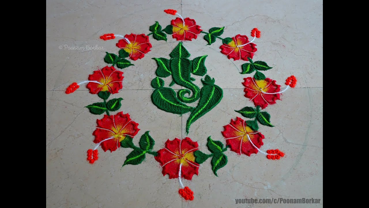 Leaf Ganesha with Hibiscus flowers rangoli | Ganesha Chaturthi special rangoli design
