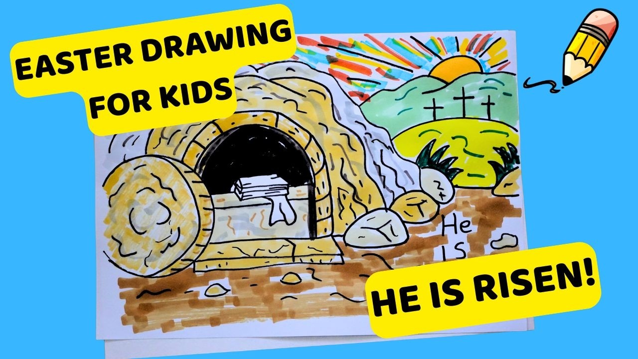 Easy Easter Drawing for Kids -  He Is Risen Empty Tomb Art Tutorial