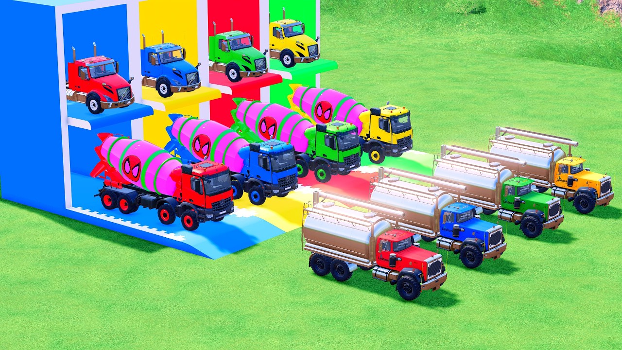 Garage with Colors - ALL MIXER TRUCK WITH DOUBLE FLATBED TRAILER TRUCK, SCANIA, IVECO, RENAULT