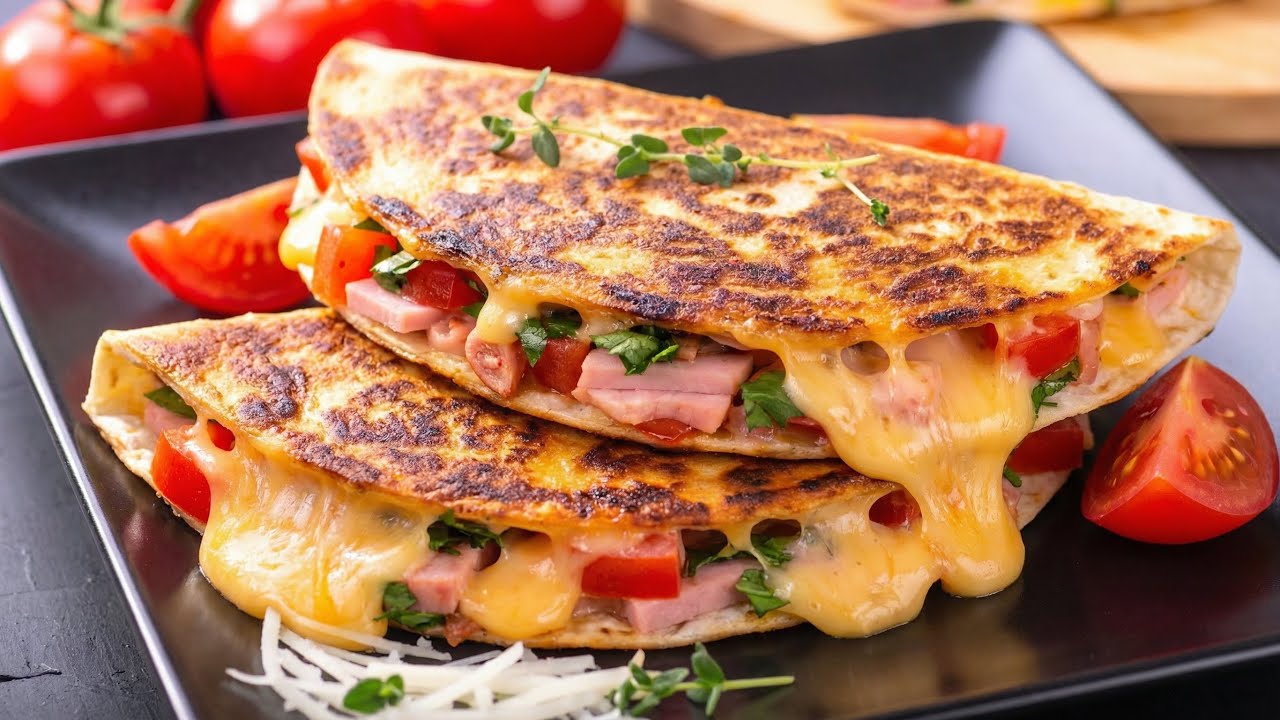 Knusprige quesadilla mit schinken, tomaten und viel käse!