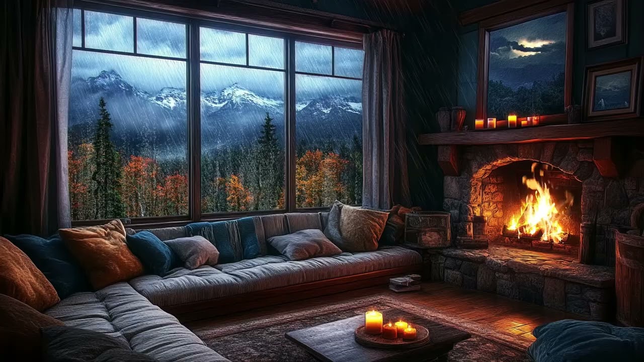 Rain and Thunder Outside the Window | Cozy Fireplace Ambience for Restful Sleep