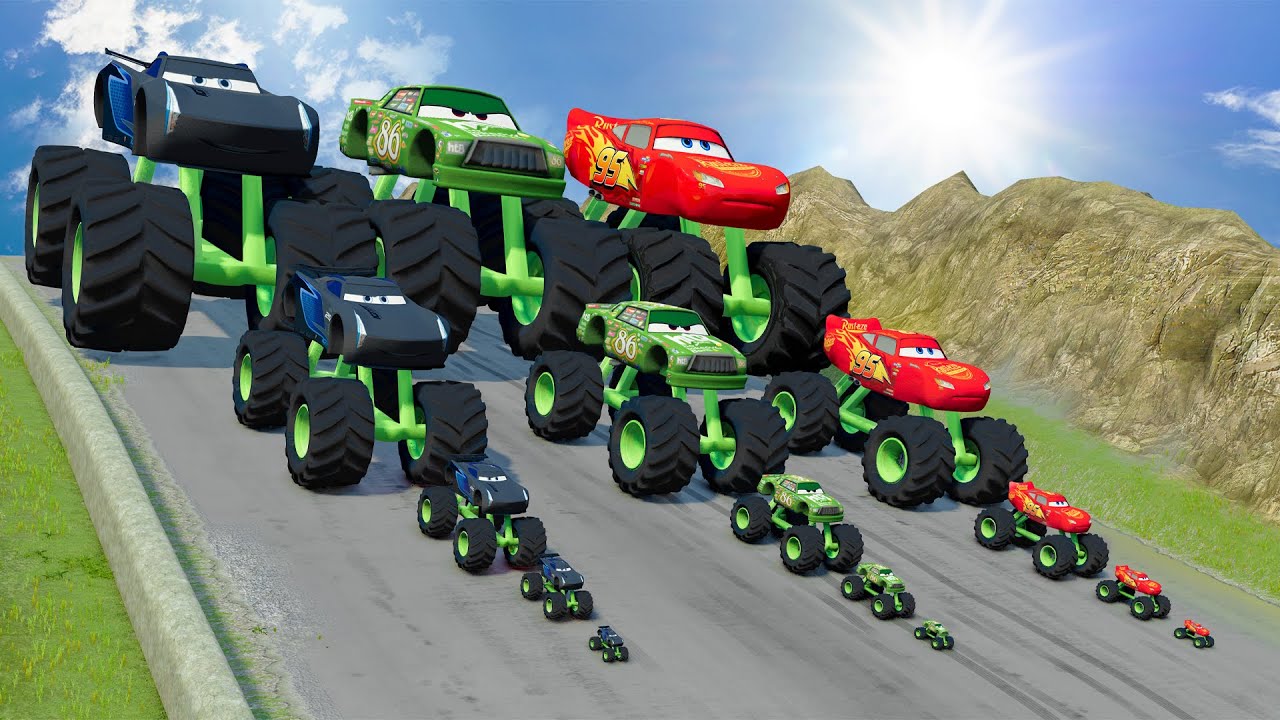 Big & Small Monster Trucks: Jackson Storm vs Chick Hicks vs Lightning Mcqueen vs DOWN OF DEATH