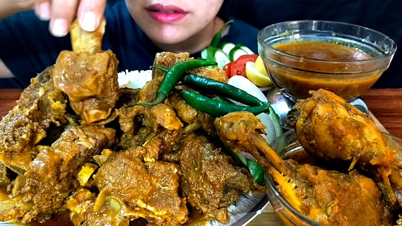 ASMR EATING SPICY MUTTON CURRY+CHICKEN CURRY+WHITE RICE+GREEN CHILLI || REAL MUKBANG(NO TALKING)