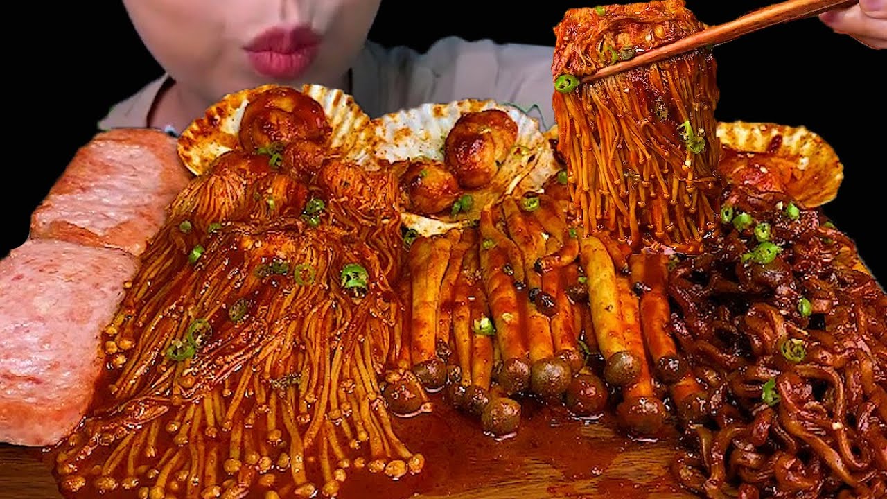 SEAFOOD BOIL MUKBANG ( Scallop, Spam, Enoki Mushroom ) Spicy Black Bean Noodles (Jjajangmyen)