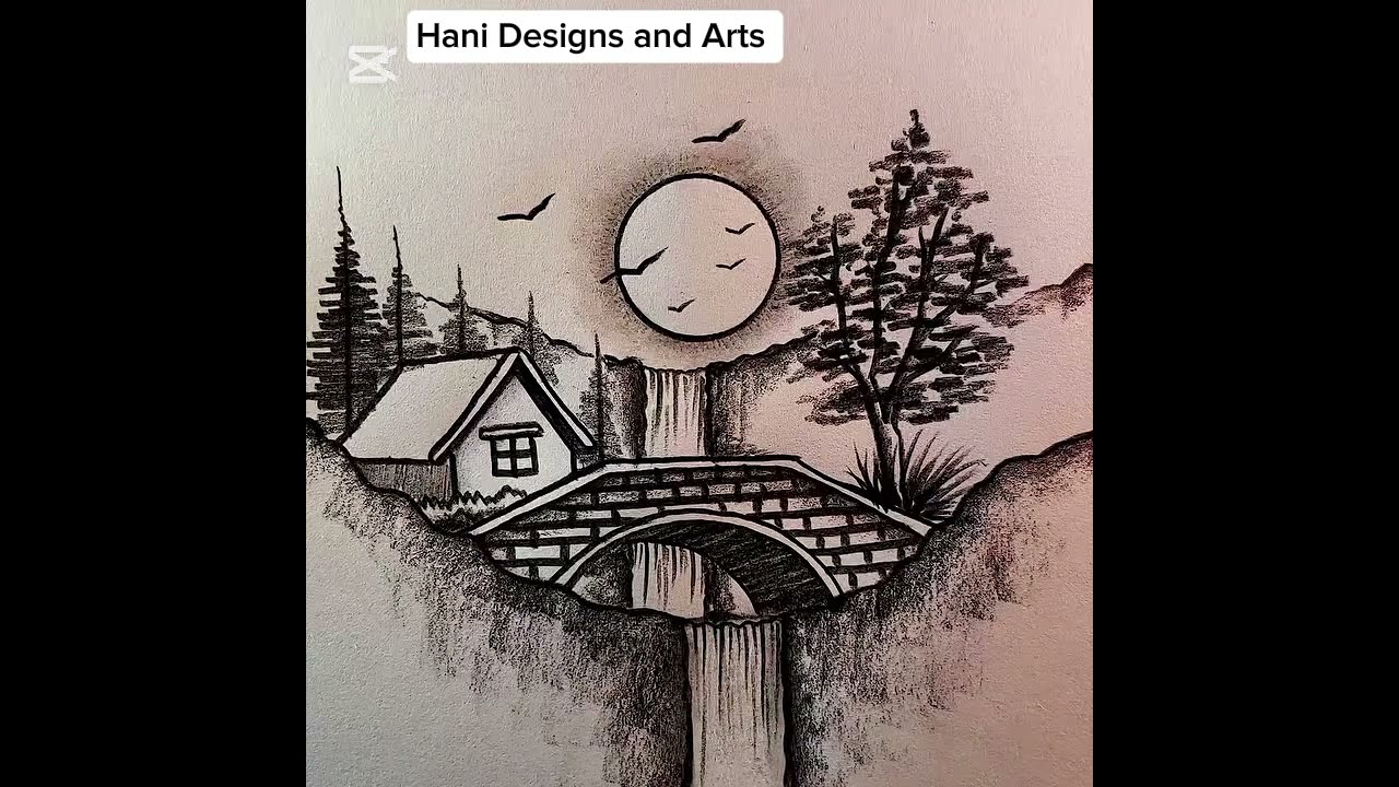 Waterfall under bridge scenery | How to drawing waterfall under bridge | Amazing scenery drawing