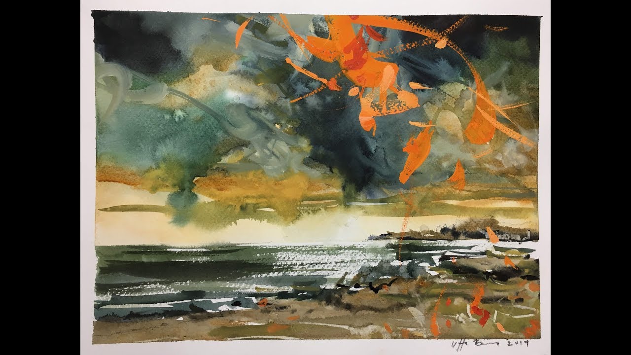 semi abstrakt strand motiv malet akvarel