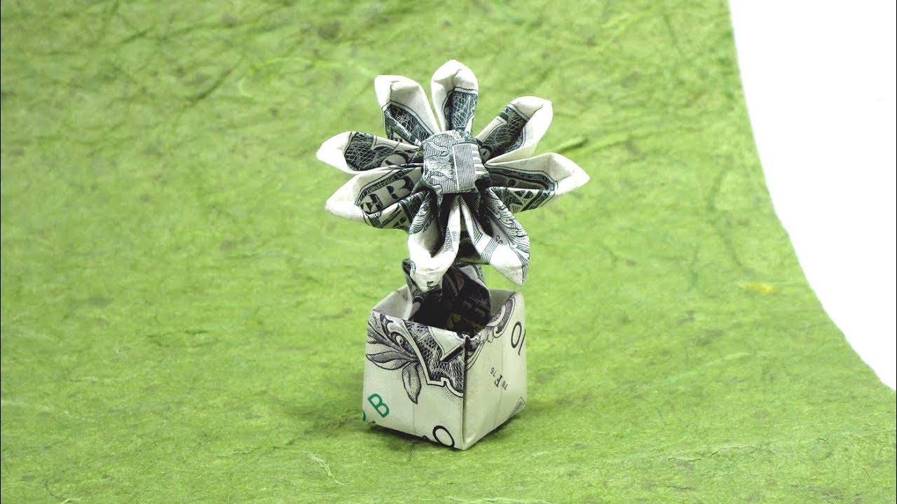 🌻 Origami Dollar bill Flower in a Pot 🌼 tutorial (Herman Lau) 折り紙  ポットの花 Flor billete $1 dollar
