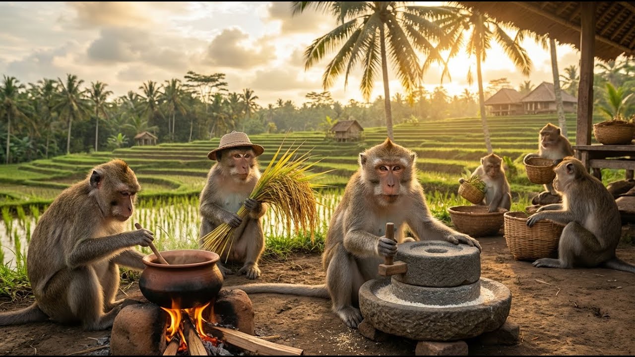 Monkeys Harvest Rice & Cook Like Humans | Monkey Farming & Cooking Documentary