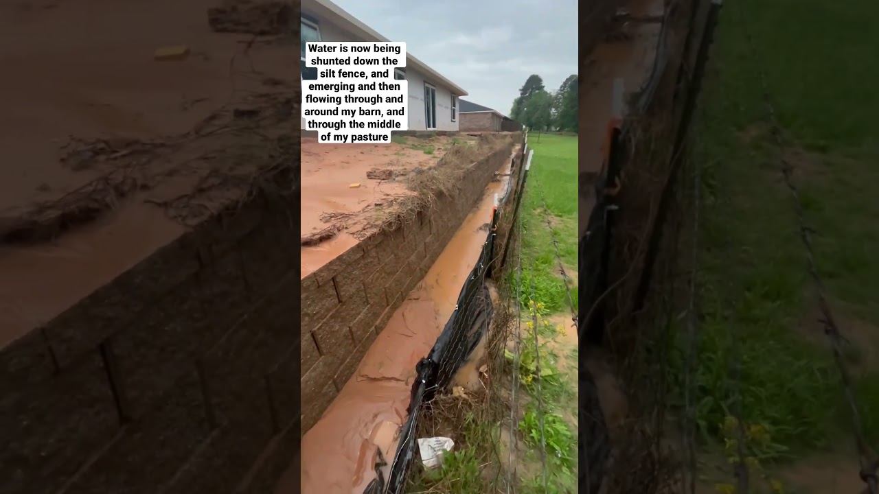 April 5,2023 flooding shunts along silt fence, exiting and flooding barn