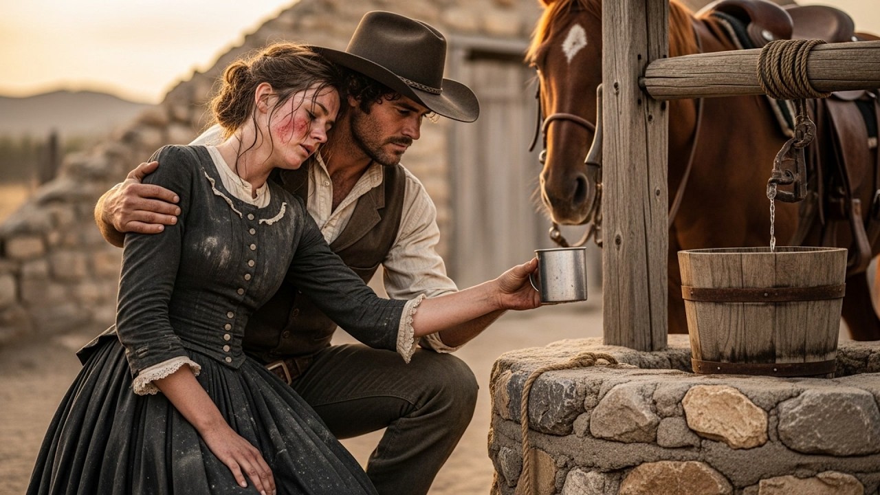 She Was Collapsed By The Well Without Strength, The Cowboy Drew The Water And Made Her Drink