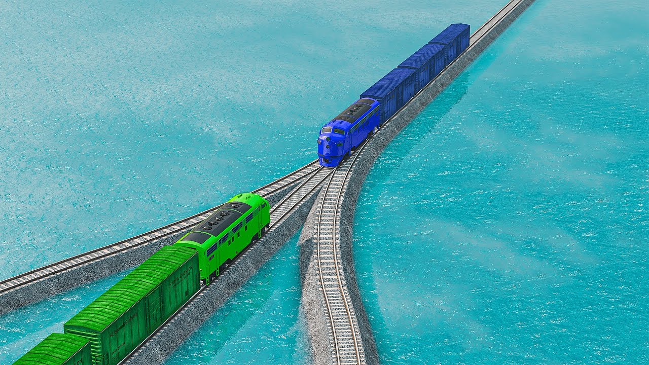 Triple Colorful Trains Vs Y Impossible Mistake Weird Rails Tracks Crossing Deepwater | BeamNG.drive