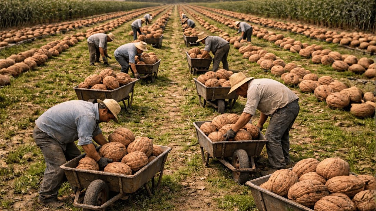 Advanced walnut harvesting technology: how billions of walnuts are harvested in California.