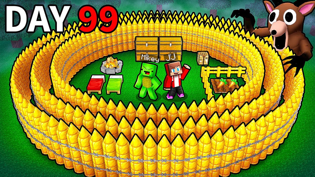 JJ and Mikey: RICH SECURITY BASE vs 99 Nights In The Forest Battle in Minecraft - Maizen
