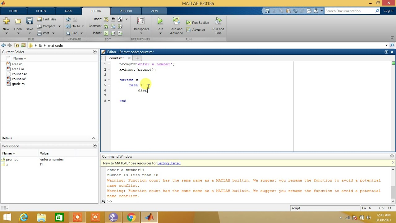 Using switch case statements in matlab